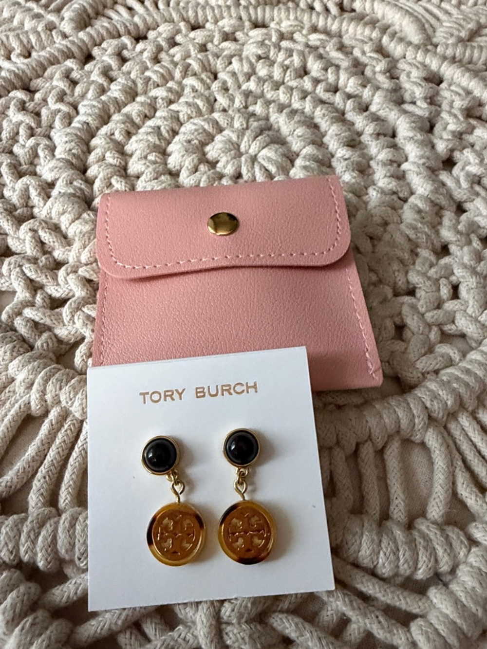 Tory Burch Gold and Black Logo Drop Earrings with Pink Pouch - Picture 5 of 5